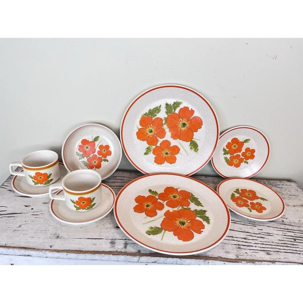 Vintage Lenox Dinnerware “Fire Flower” (Set Of 7) Retro Cottage Home 1970’s